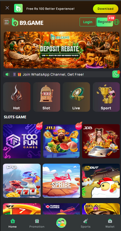 b9 game app home screen showing slot categories and hot games